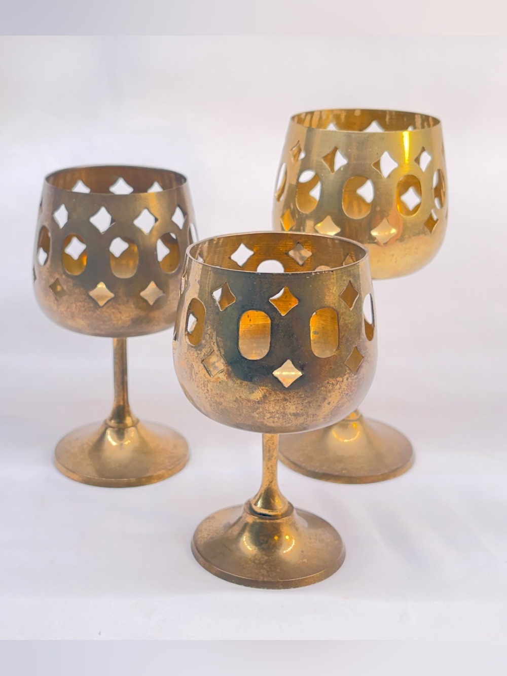 Vintage Brass Goblet Tealight Candle Holders Cutout Set of 3 India MCM